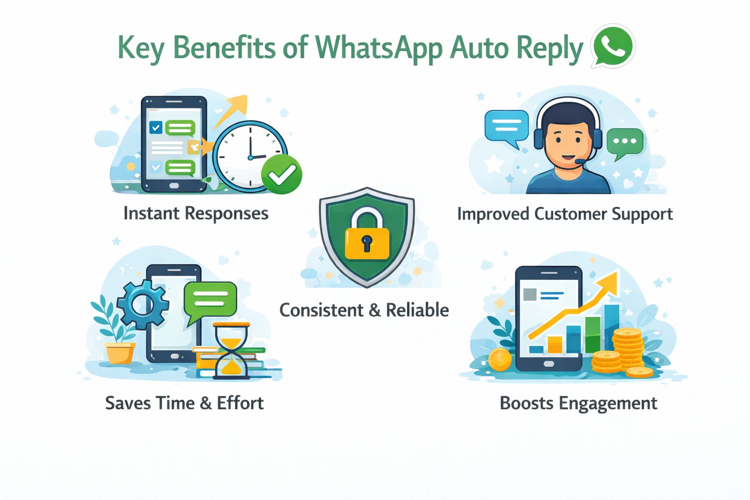 Illustration showing key benefits of WhatsApp auto reply such as instant responses, improved customer support, time saving, consistent messaging, and higher customer engagement.