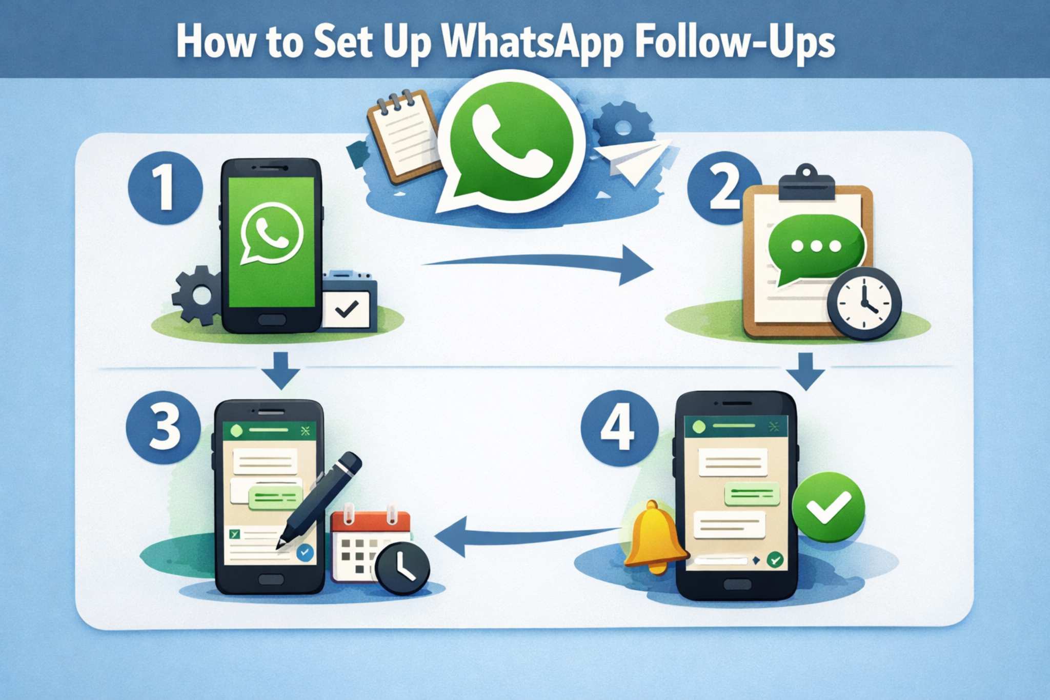 Step-by-step diagram showing how to set up WhatsApp follow-ups using automation tools for lead engagement and reminders.