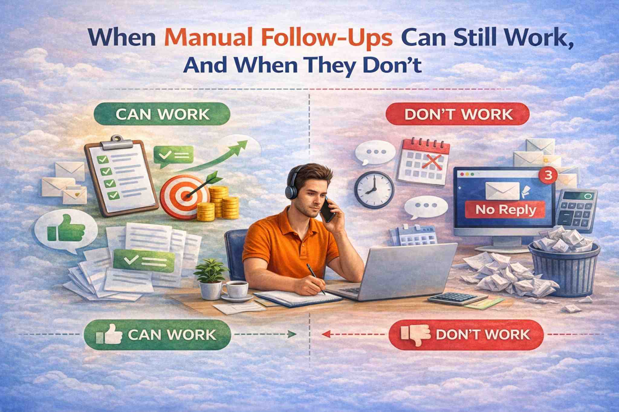 Comparison of manual follow-ups showing situations where manual sales follow-ups work and where they fail due to missed replies and delays.